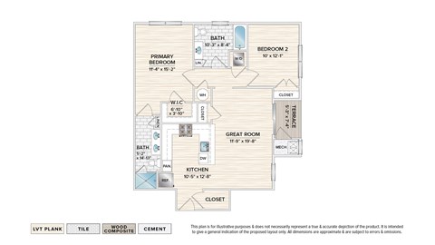 Floor plan for 2 beds, 2 baths, 1095 sqft